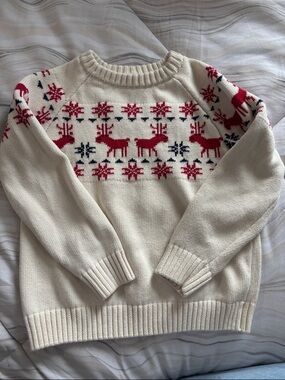 Hanna Andersson Cream Knit Sweater with Red & Navy Reindeer